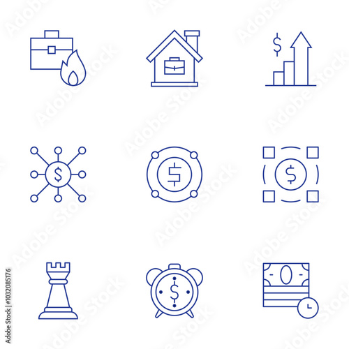 Business icons set. Thin Line style, editable stroke. work, work from home, viral marketing, value chain, tower, time is money, profits