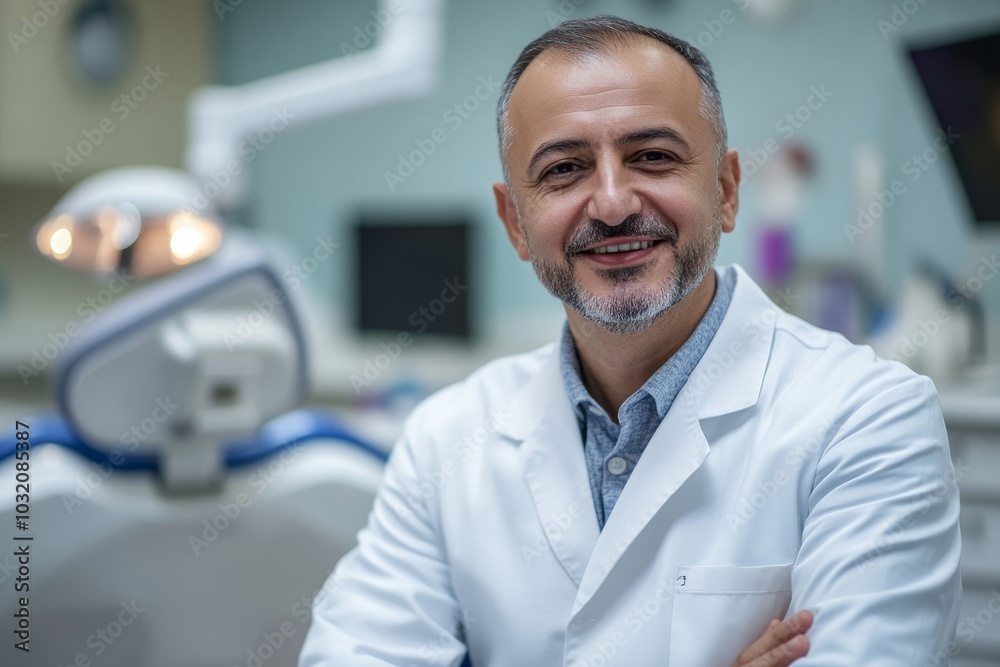 Portrait of male dentist posing with at workplace in dentistry clinic office, smiling at camera, ready for invite patient, Generative AI Portrait of male dentist posing with at workplace in dentistry clinic office, smiling at camera, ready for invite patient, Generative AI