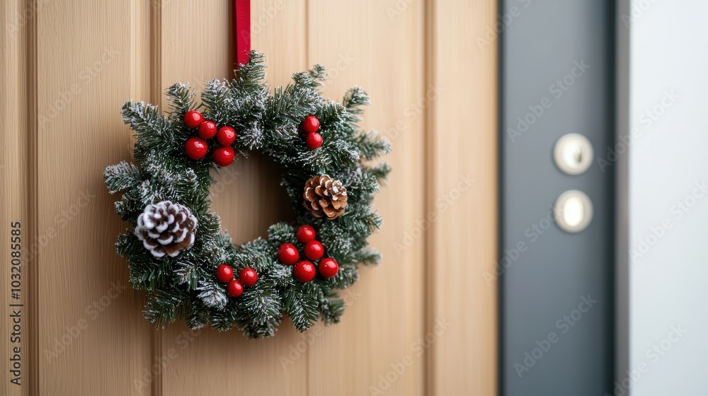 Festive Christmas Wreath Hanging on Wooden Door Festive Christmas Wreath Hanging on Wooden Door