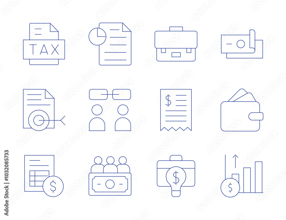 Business icons. Thin Line style, editable stroke. tax, target, suitcase, statistics, briefcase, bill, money, invoice, funds, report, relationship Business icons. Thin Line style, editable stroke. tax, target, suitcase, statistics, briefcase, bill, money, invoice, funds, report, relationship