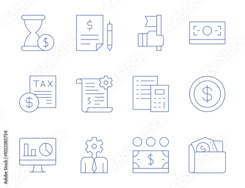 Business icons. Thin Line style, editable stroke. time is money, tax, business intelligence, money, folder, success, calculator, quote request, development