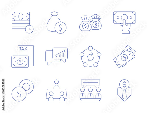 Business icons. Thin Line style, editable stroke. time is money, taxes, business meeting, business man, business, money, money bag, swap, dialog