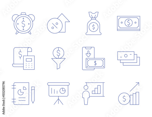 Business icons. Thin Line style, editable stroke. time is money, taxes, business report, business presentation, business, money, money bag, cash flow, rate, dollar