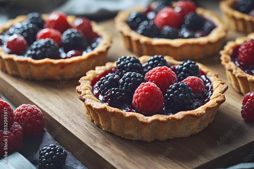 A close-up of berry tarts featuring raspberries and blackberries on a wooden surface. A close-up of berry tarts featuring raspberries and blackberries on a wooden surface.