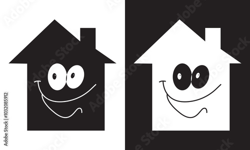 Cartoon house with a smile and face. isolated on white and black background. Vector illustration. EPS 10