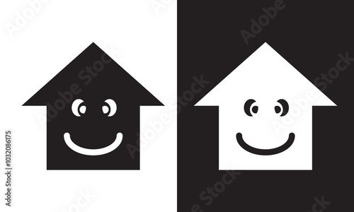 Cartoon house with a smile and face. isolated on white and black background. Vector illustration. EPS 10