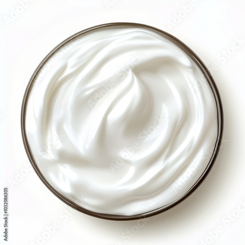 Bowl of White Cream, Yogurt, Dairy Product, Smooth Texture, Healthy Snack, Top View, Isolated