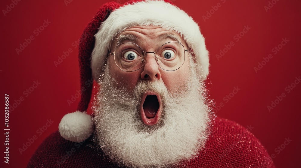 Santa Claus surprised with snowy beard on red. Santa Claus surprised with snowy beard on red.