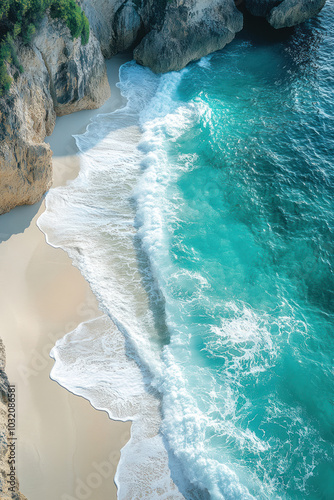 Ocean waves breaking on the tropical beach for vertical background