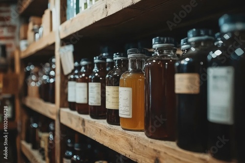 Glass Bottles on Wooden Shelves in a Dark Room