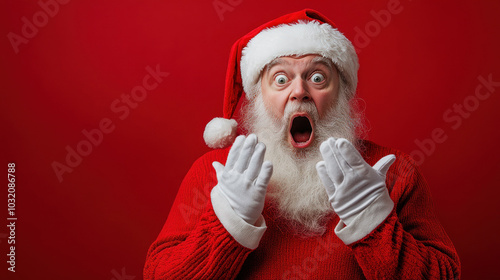 Santa Claus excited with gloves, expressing wonder photo