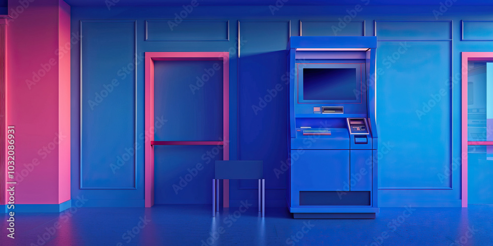 A vibrant cobalt blue bank ATM kiosk, allowing customers to conduct transactions 24/7 in a secure and convenient manner. A vibrant cobalt blue bank ATM kiosk, allowing customers to conduct transactions 24/7 in a secure and convenient manner.