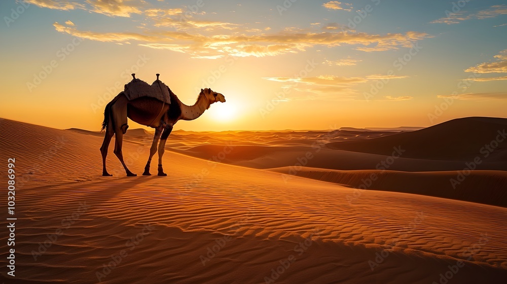 Lone Camel Trekking Across Desert Sunset Landscape Lone Camel Trekking Across Desert Sunset Landscape