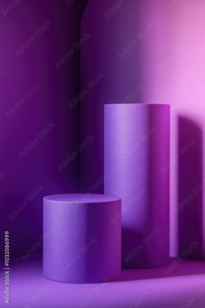 A group of three round pedestals in a luxurious purple room A group of three round pedestals in a luxurious purple room