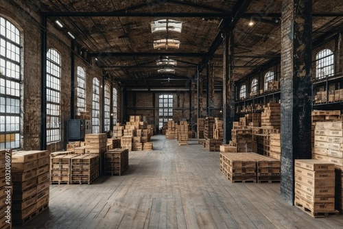 Wallpaper Mural Industrial Warehouse with Stacked Wooden Crates and Brick Walls Torontodigital.ca