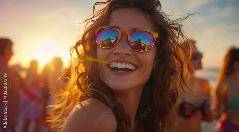 A Photo of a Cheerful Female Model with Trendy Sunglasses at a Cultural Event A Photo of a Cheerful Female Model with Trendy Sunglasses at a Cultural Event