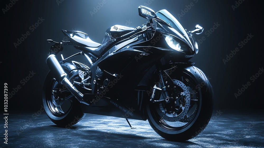 A black sportbike in a studio setting. A black sportbike in a studio setting.