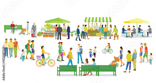 Menschengruppen auf dem Wochenmarkt, in der Freizeit im Wohnviertel, Illustration-.eps