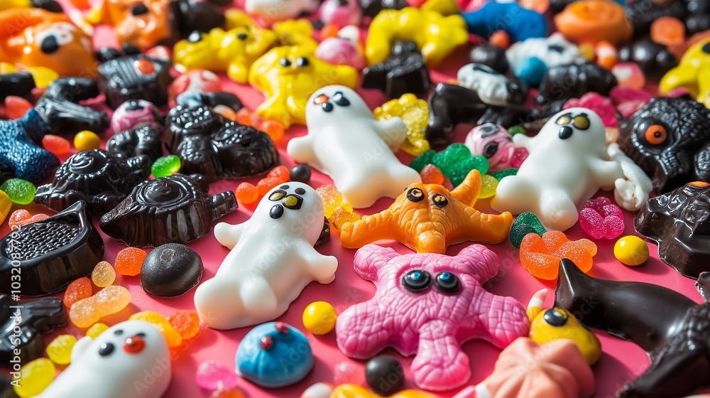 A colorful Halloween party table loaded with chocolate treats shaped like ghosts, skeletons, and black cats, with candy eyeballs and gummy worms scattered around for extra fun. A colorful Halloween party table loaded with chocolate treats shaped like ghosts, skeletons, and black cats, with candy eyeballs and gummy worms scattered around for extra fun.