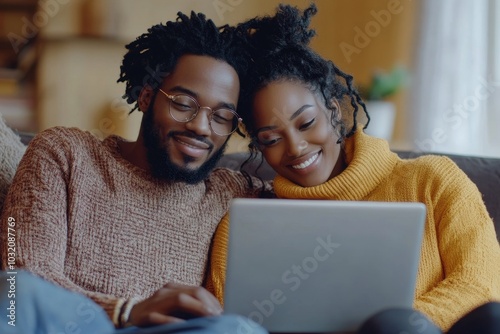 Romantic black spouses relaxing with laptop on comfy sofa at home, couple using computer, browsing internet or shopping online, Generative AI