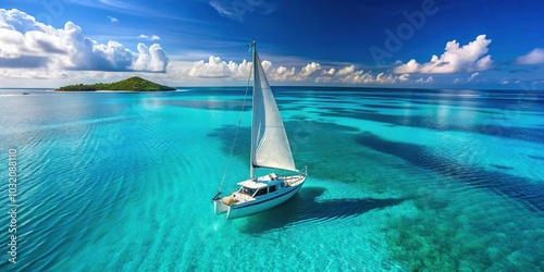 Stunning Aerial View of a Catamaran Sailing on Crystal Clear Waters â€“ Perfect for Marine Adventure, Travel, and Sailing Enthusiasts Photography