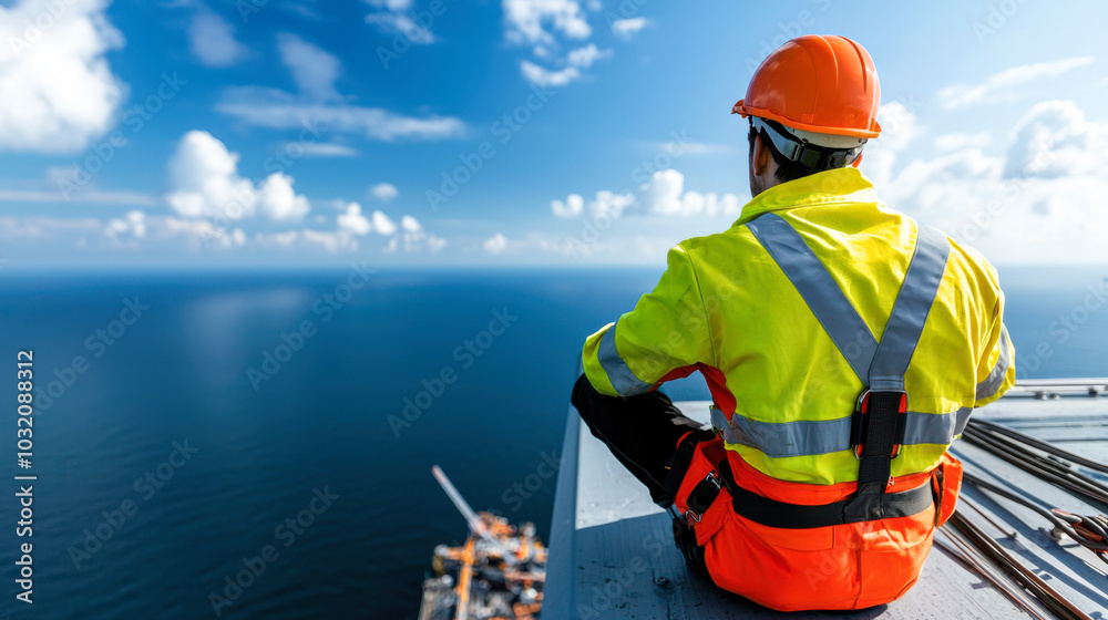 technician in safety vest and helmet sits on edge of platform, overlooking vast ocean. scene captures moment of contemplation and safety awareness in offshore environment