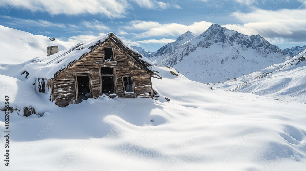 An old, abandoned wooden cabin high in the mountains, with its roof partially collapsed under the weight of snow. An old, abandoned wooden cabin high in the mountains, with its roof partially collapsed under the weight of snow.