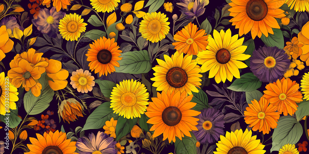 Art Deco Sunflower and Marigold Floral Pattern Art Deco Sunflower and Marigold Floral Pattern