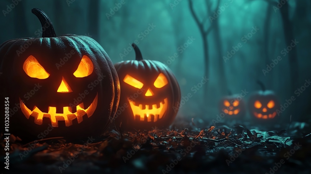 A spooky scene featuring glowing jack-o'-lanterns in a misty forest, creating a classic Halloween atmosphere. A spooky scene featuring glowing jack-o'-lanterns in a misty forest, creating a classic Halloween atmosphere.