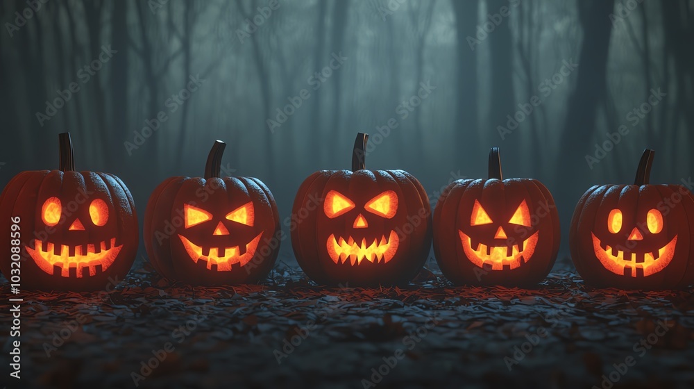 Fototapeta premium Spooky Halloween scene featuring five carved pumpkins glowing in the dark, set against a misty forest background.