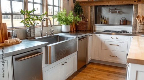 A modern farmhouse-inspired kitchen with shaker-style cabinets