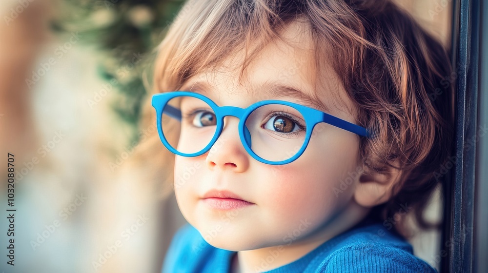 Young child wearing blue glasses focusing on distant tree outside window, symbolizing myopia prevention and importance of outdoor activities. Young child wearing blue glasses focusing on distant tree outside window, symbolizing myopia prevention and importance of outdoor activities.