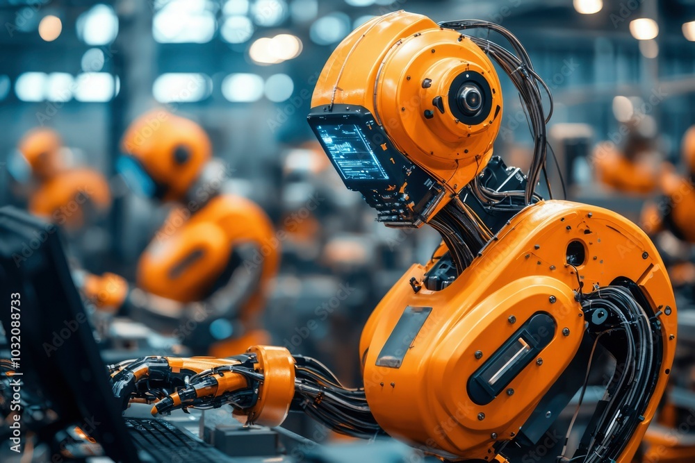 A Humanoid Robot Working on a Laptop in a Factory Setting A Humanoid Robot Working on a Laptop in a Factory Setting