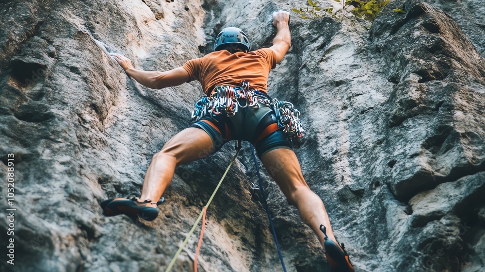 A rock climber scales a rock face, climbing gear strapped to their waist. A rock climber scales a rock face, climbing gear strapped to their waist.
