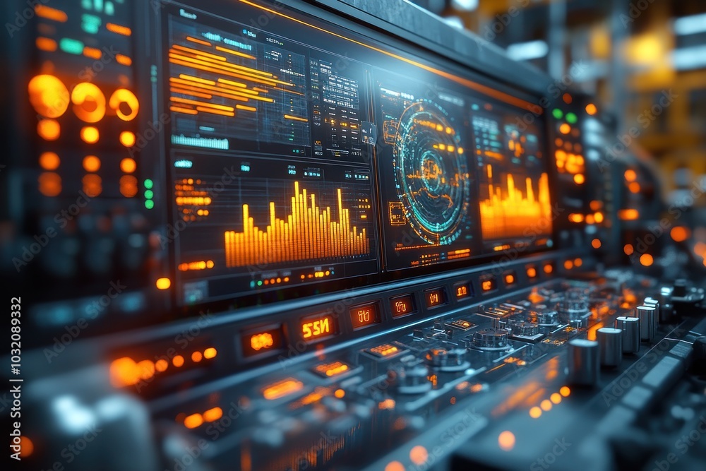 Close-up of a futuristic control panel with multiple screens displaying data and graphs. Close-up of a futuristic control panel with multiple screens displaying data and graphs.