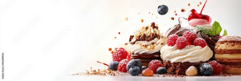 Fototapeta premium An enticing display of desserts featuring cake, berries, and cream, perfect for indulgent treats and sweet celebrations.