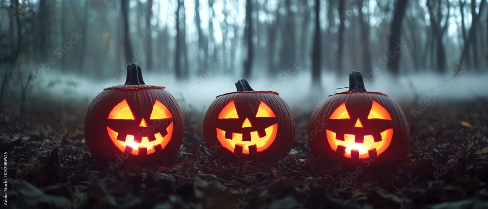 Three spooky jack-o'-lanterns glow eerily in a misty forest, creating a haunting Halloween atmosphere. Three spooky jack-o'-lanterns glow eerily in a misty forest, creating a haunting Halloween atmosphere.