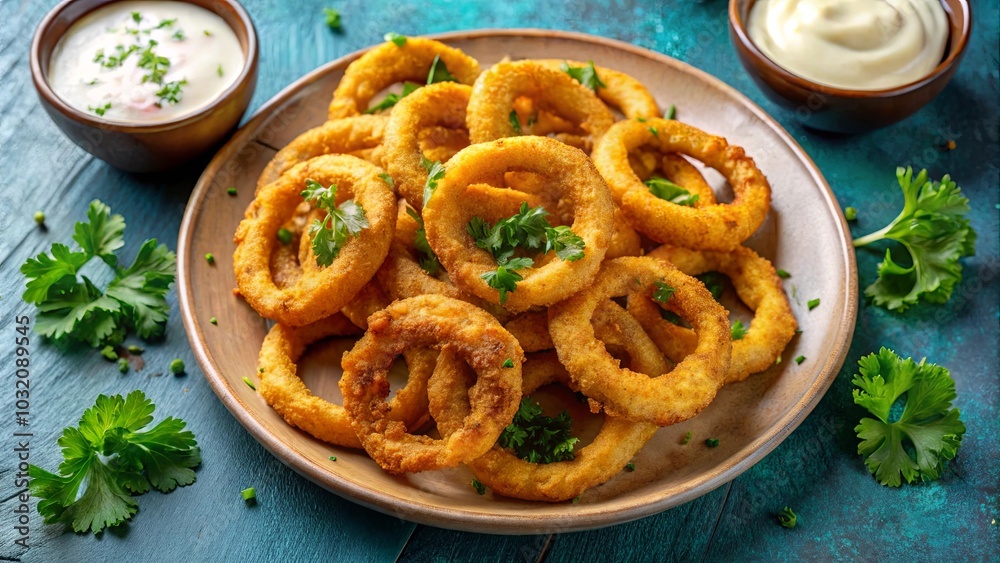 A Plate of Golden Fried Onion Rings with Garnish and Dipping Sauce A Plate of Golden Fried Onion Rings with Garnish and Dipping Sauce