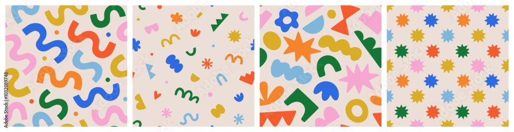 Fun colorful seamless pattern collection. Creative abstract geometric shape background for children or trendy design with collage shapes. Simple and playful doodle wallpaper print set.