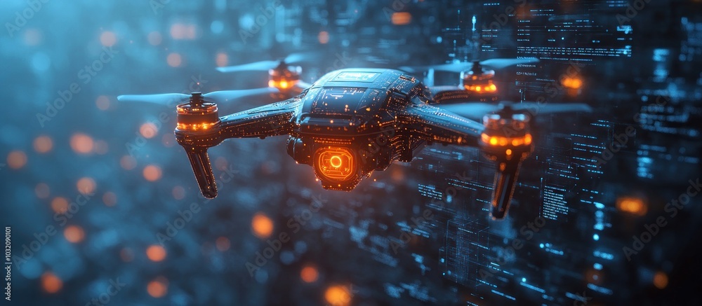 Drone flying in front of blue background with orange glowing lights. Drone flying in front of blue background with orange glowing lights.
