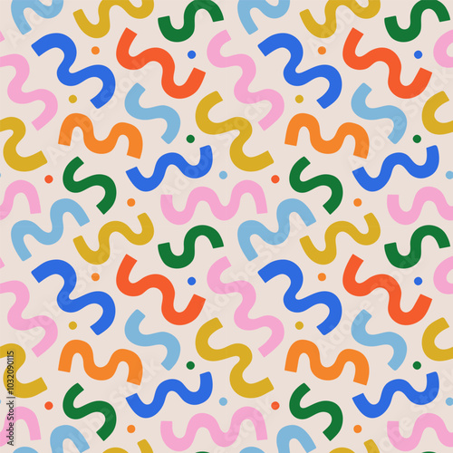 Fun colorful line doodle seamless pattern. Creative abstract style art background for children or trendy design with basic shapes. Simple childish scribble backdrop.