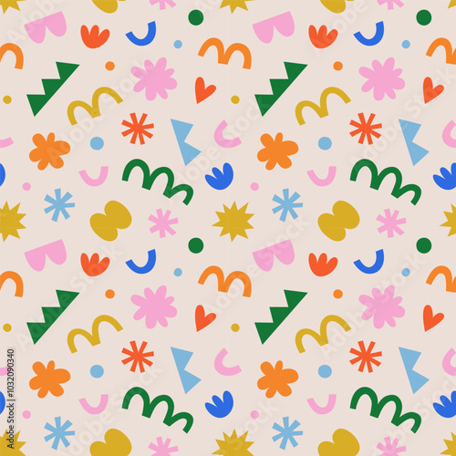 Fun colorful geometric shape seamless pattern. Creative abstract children style art background for kids, trendy design with organic geometry shapes. Simple childish wallpaper texture.