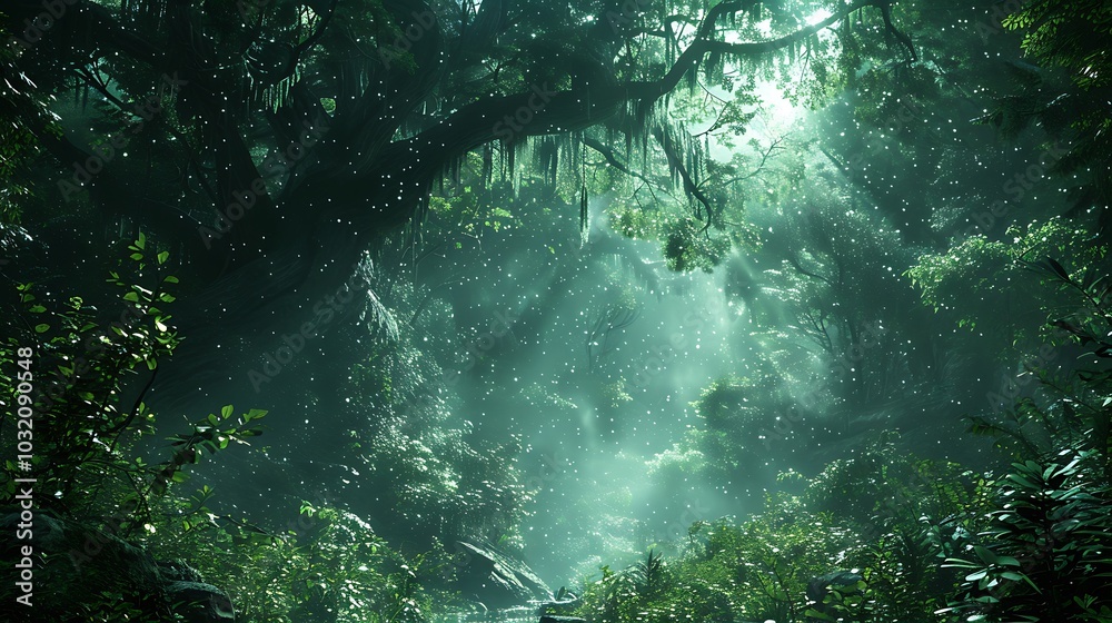 Sunbeams pierce through the dense foliage of a lush, green rainforest. Sunbeams pierce through the dense foliage of a lush, green rainforest.