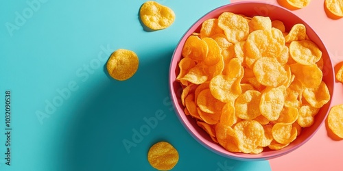 Colorful bowl of crispy potato chips against a vibrant blue and pink background, perfect for food-related themes.