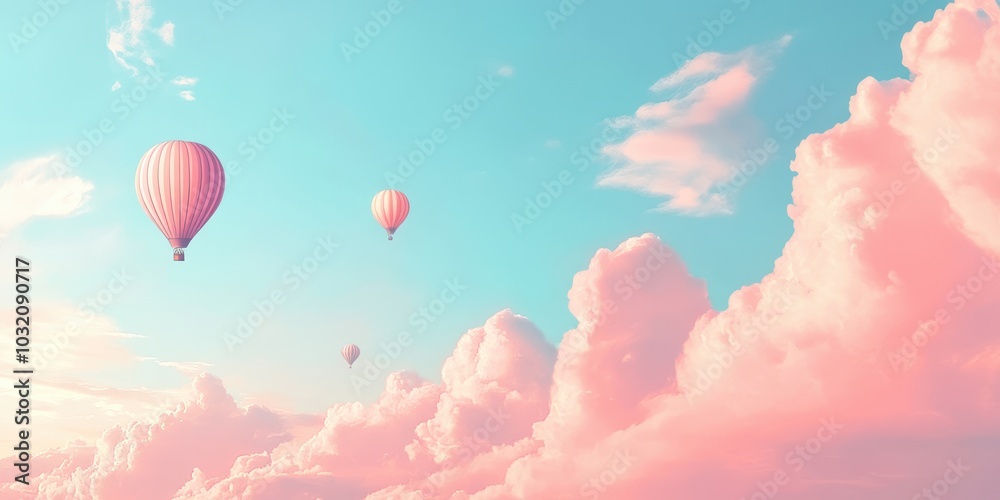 Obraz premium Colorful hot air balloons drift peacefully among soft pastel clouds in a serene sky, evoking feelings of freedom and adventure.