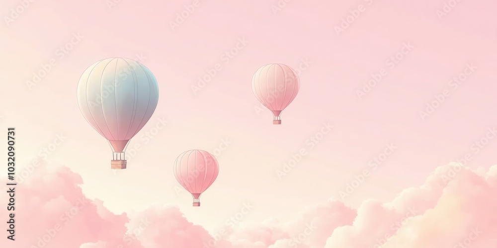 Colorful hot air balloons floating gently in a soft pink sky among fluffy clouds, creating a serene and dreamy atmosphere. Colorful hot air balloons floating gently in a soft pink sky among fluffy clouds, creating a serene and dreamy atmosphere.