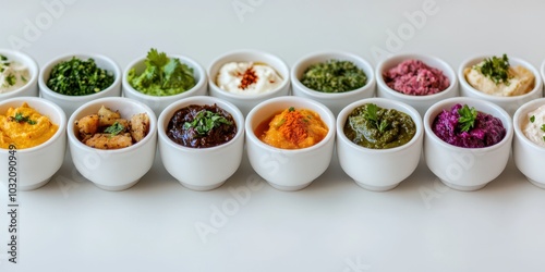 Colorful selection of diverse dips in individual white bowls, perfect for enhancing any culinary experience or appetizer spread.