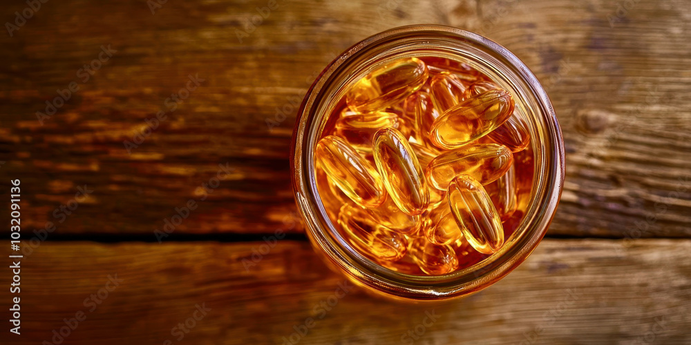 A jar of pills is sitting on a wooden table A jar of pills is sitting on a wooden table