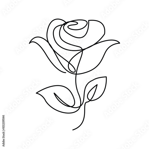 Continuous Line Drawing Of Rose Flowers Black Sketch Isolated on White Background. Flowers Rose One Line Illustration for Minimalist Design.