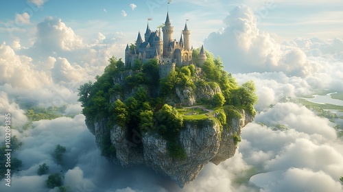 Storybook with a majestic castle rising from its pages surrounded by clouds trees and rivers in a fantasy landscape perfect for capturing the imagination on World Book Day